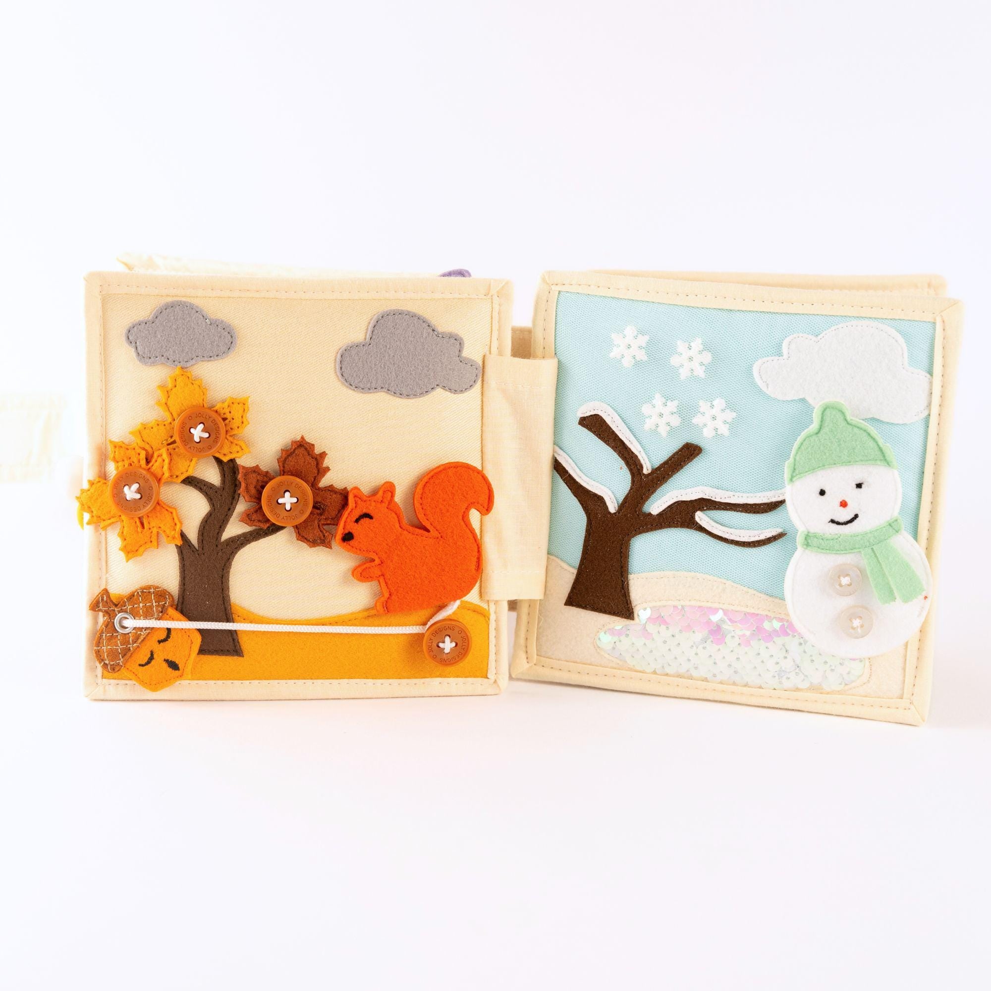 Mini Quiet Book Schneeflocke bis Sonnenschein  Stoffbuch zum Anziehen, Jahreszeiten lernen & Selbstständigkeit fördern